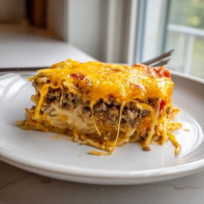 Hearty Beef Lombardi Casserole layered with creamy cottage cheese and noodles