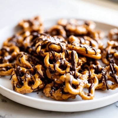 Crunchy butter toffee pretzels piled in a bowl, finished with flaky sea salt